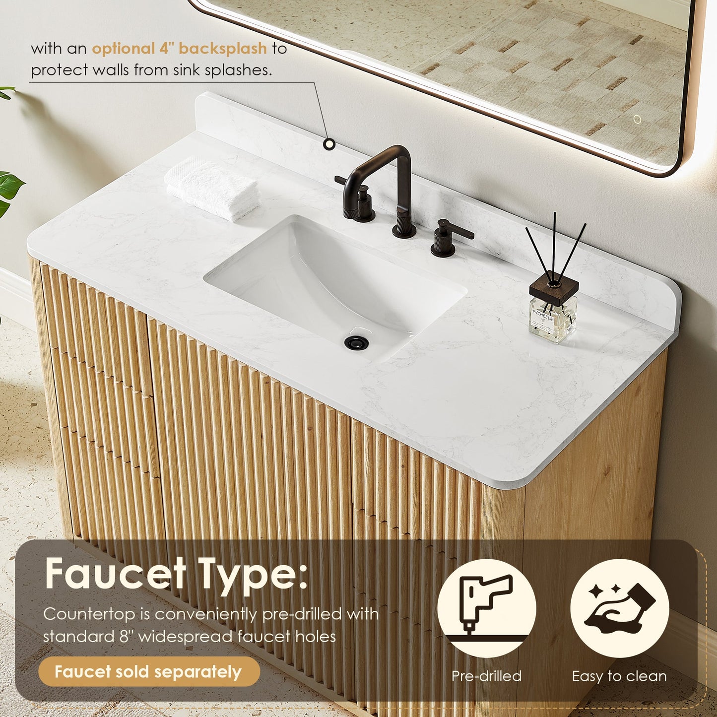 Clayton 48" Single Bathroom Vanity in Washed Light Brown with Grain White Engineered Stone Countertop