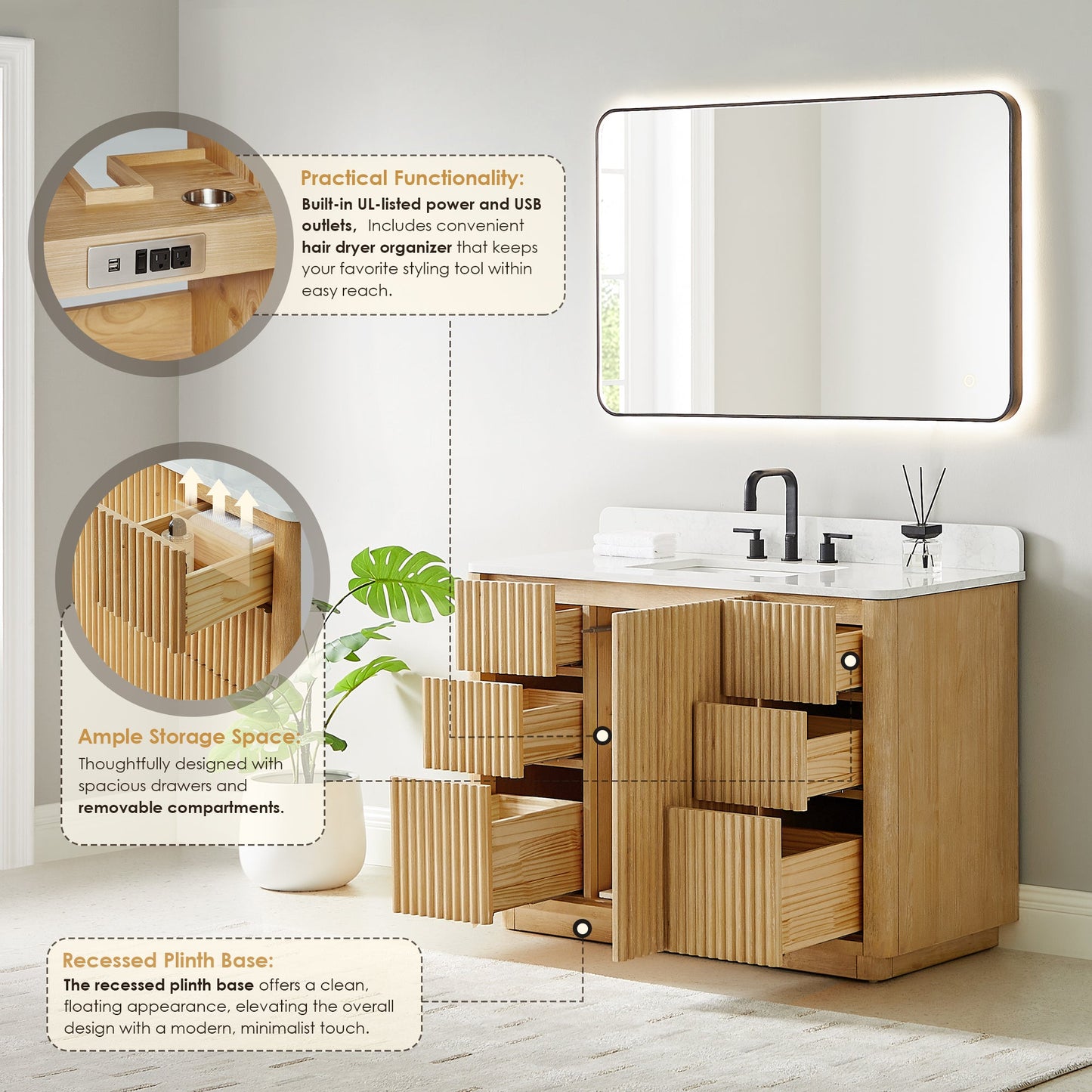 Clayton 48" Single Bathroom Vanity in Washed Light Brown with Grain White Engineered Stone Countertop