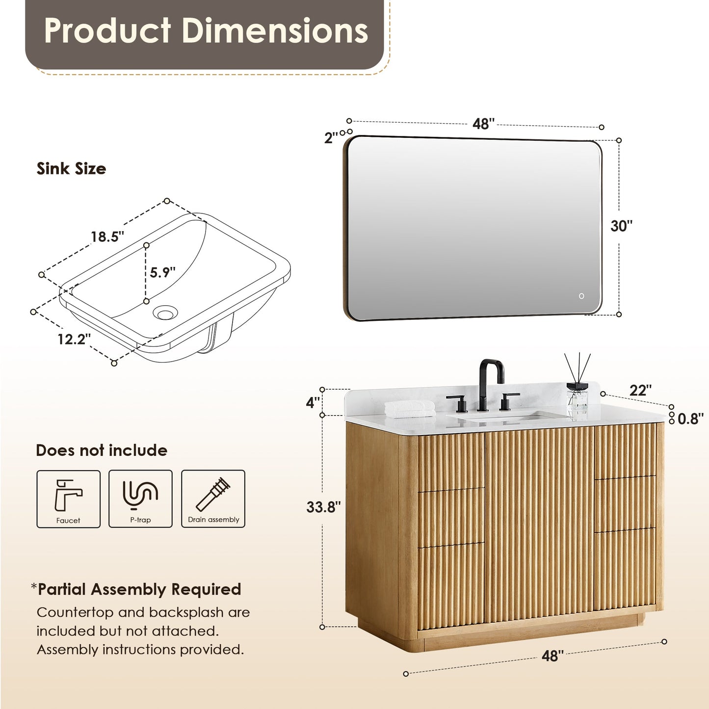 Clayton 48" Single Bathroom Vanity in Washed Light Brown with Grain White Engineered Stone Countertop