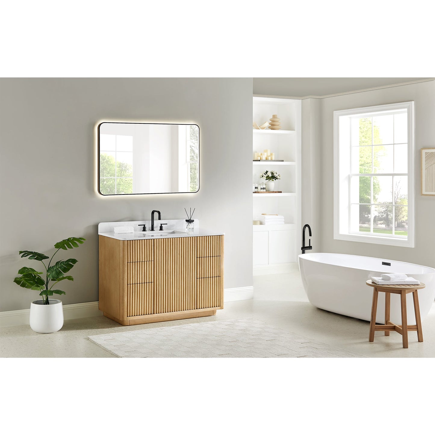 Clayton 48" Single Bathroom Vanity in Washed Light Brown with Grain White Engineered Stone Countertop
