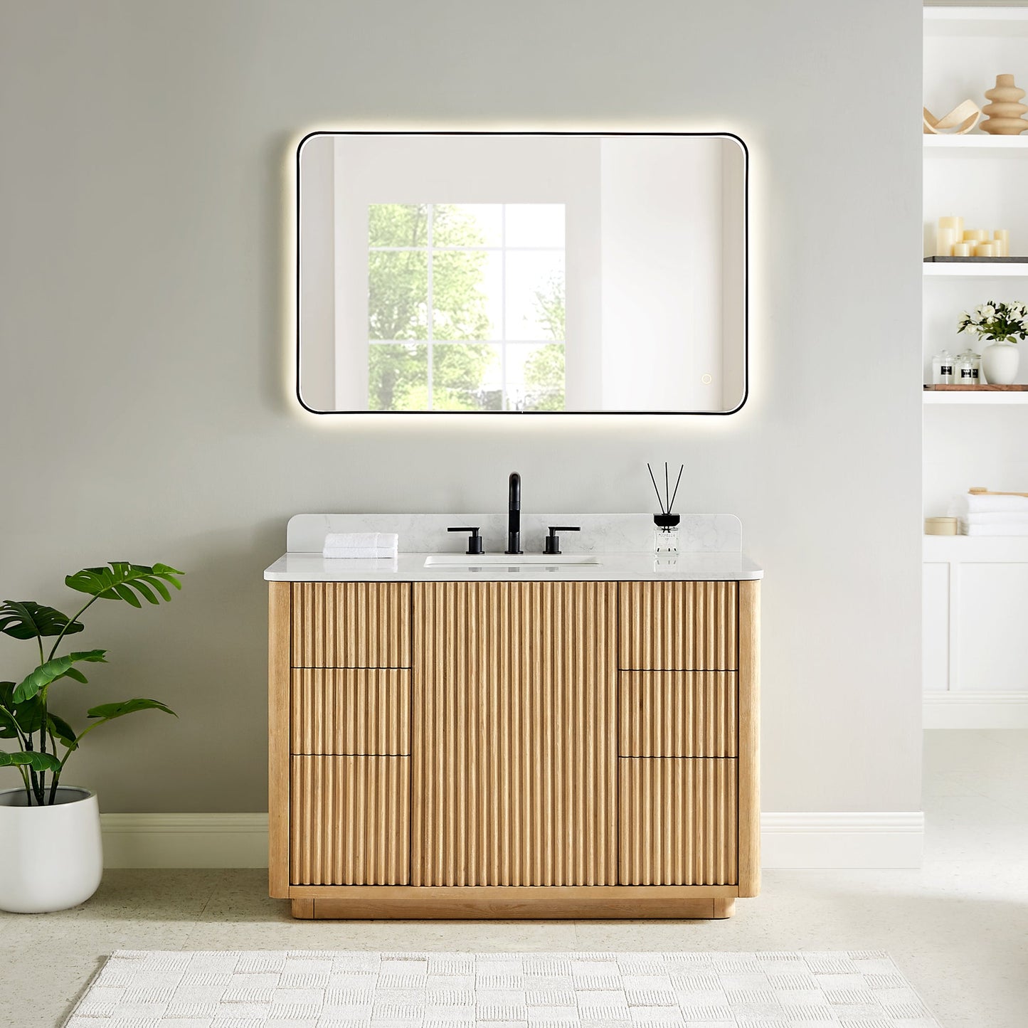 Clayton 48" Single Bathroom Vanity in Washed Light Brown with Grain White Engineered Stone Countertop