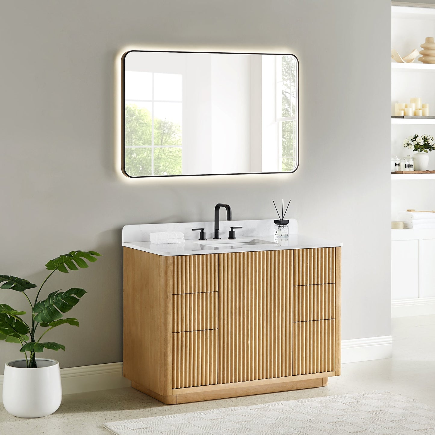 Clayton 48" Single Bathroom Vanity in Washed Light Brown with Grain White Engineered Stone Countertop