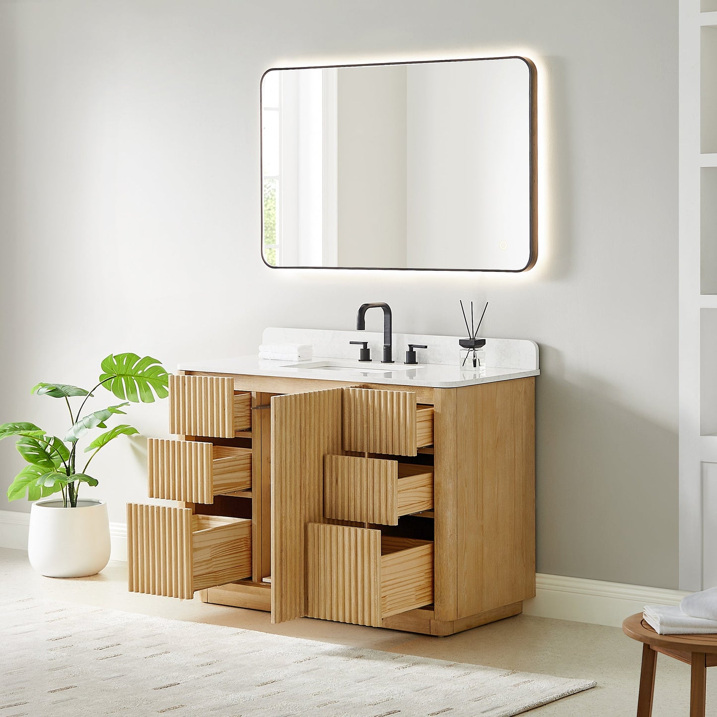 Clayton 48" Single Bathroom Vanity in Washed Light Brown with Grain White Engineered Stone Countertop
