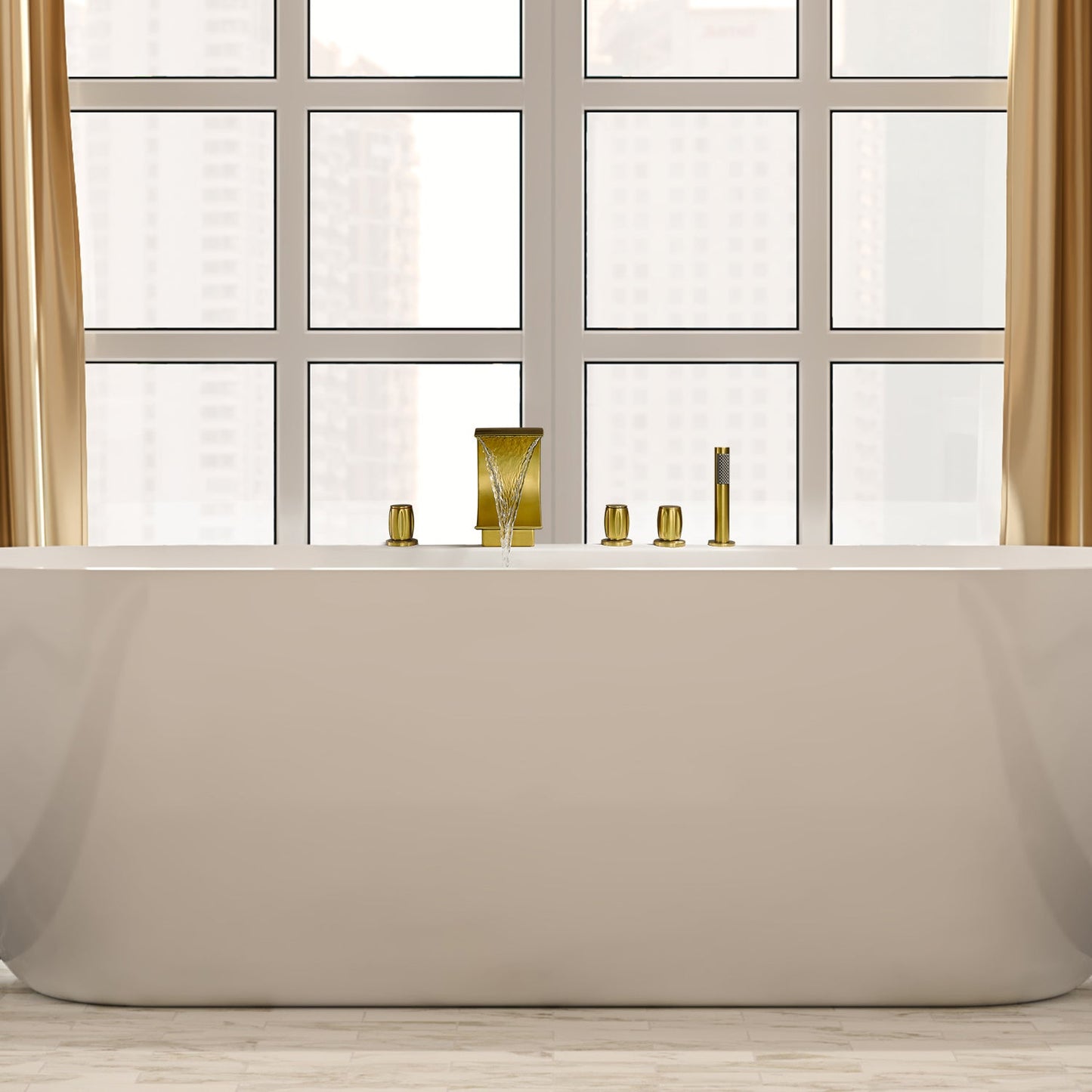 Recea Triple Handle Deck-Mount Roman Tub Faucet with Diverter and Handshower