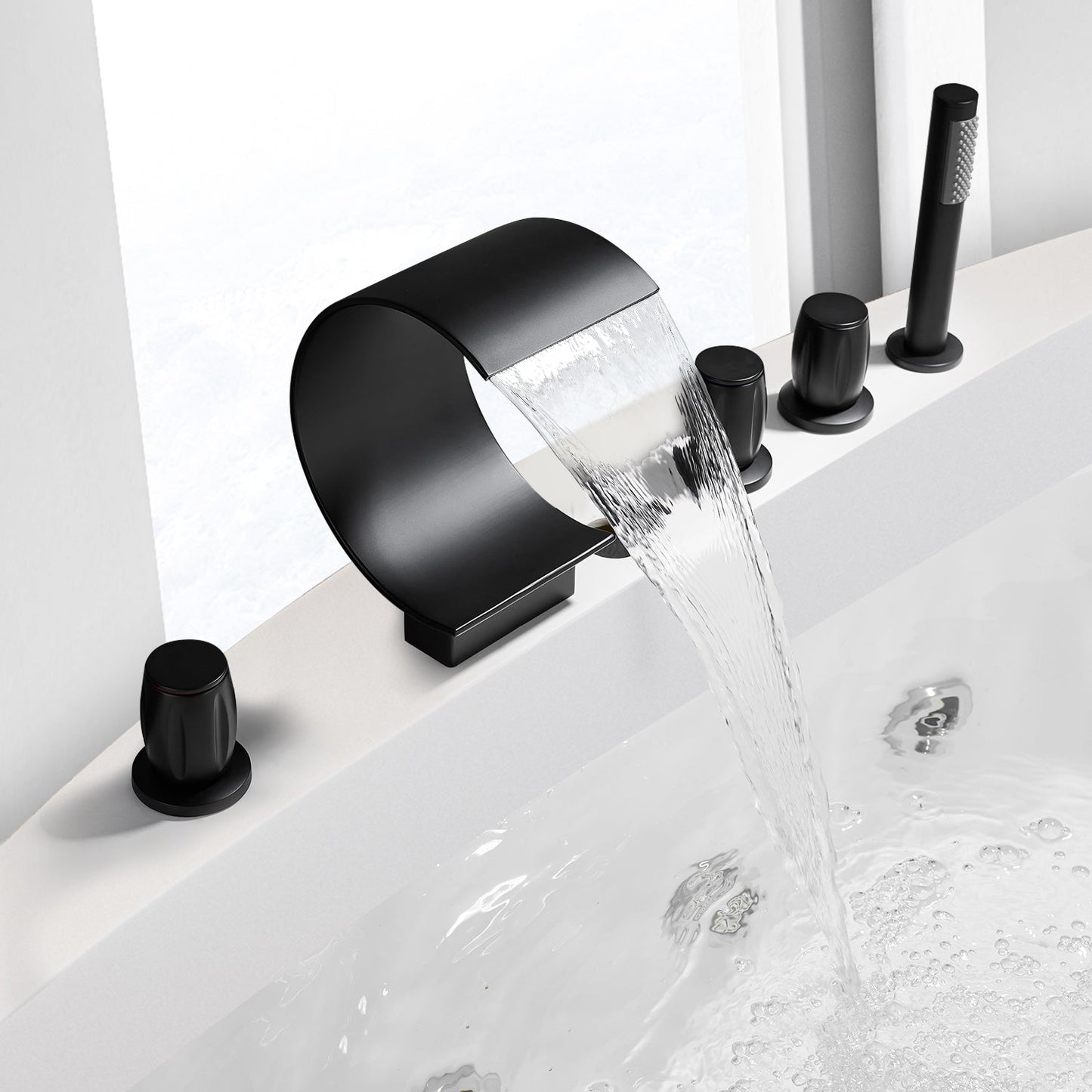 Recea Triple Handle Deck-Mount Roman Tub Faucet with Diverter and Handshower