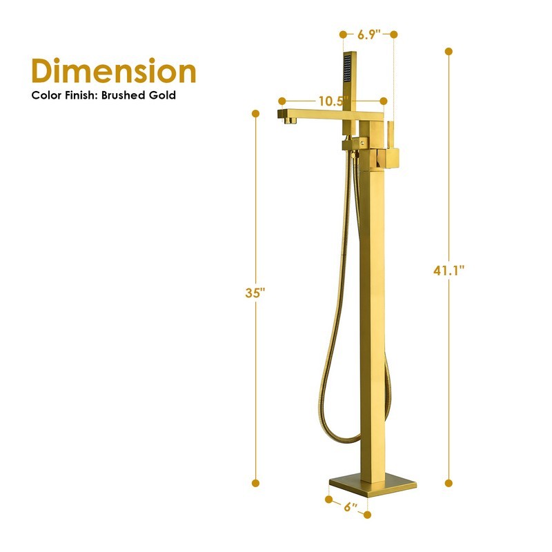 Campia 41 1/8 Inch Single Lever Handle Freestanding Floor Mounted Tub Filler with Handshower, Brushed Gold