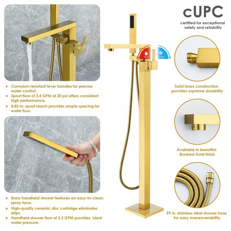 Campia 41 1/8 Inch Single Lever Handle Freestanding Floor Mounted Tub Filler with Handshower, Brushed Gold