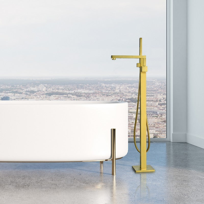 Campia 41 1/8 Inch Single Lever Handle Freestanding Floor Mounted Tub Filler with Handshower, Brushed Gold