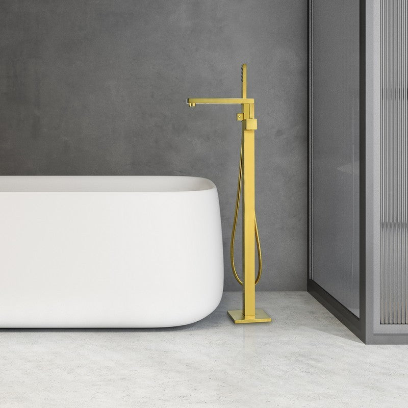 Campia 41 1/8 Inch Single Lever Handle Freestanding Floor Mounted Tub Filler with Handshower, Brushed Gold