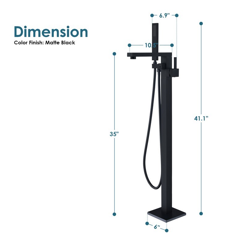 Campia 41 1/8 Inch Single Lever Handle Freestanding Floor Mounted Tub Filler with Handshower, Matte Black