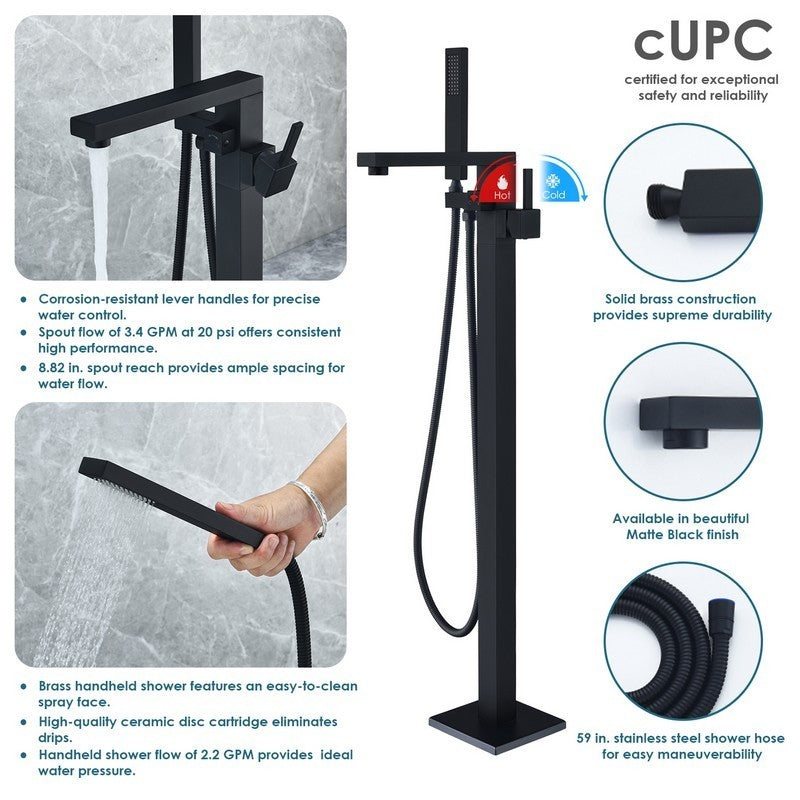 Campia 41 1/8 Inch Single Lever Handle Freestanding Floor Mounted Tub Filler with Handshower, Matte Black