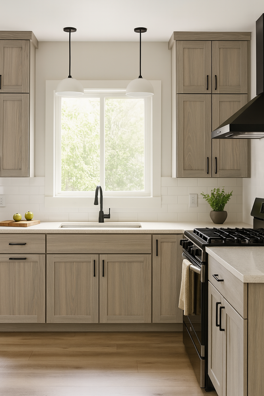 Modern kitchen with wooden cabinets, a window, and appliances.