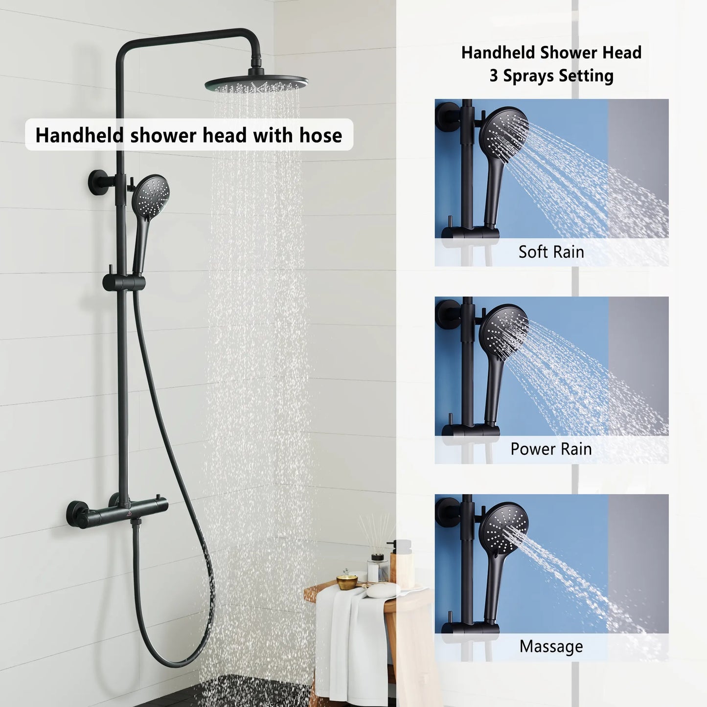 9.5" Thermostatic Rain Shower Faucet with Slide Bar and Hand Shower