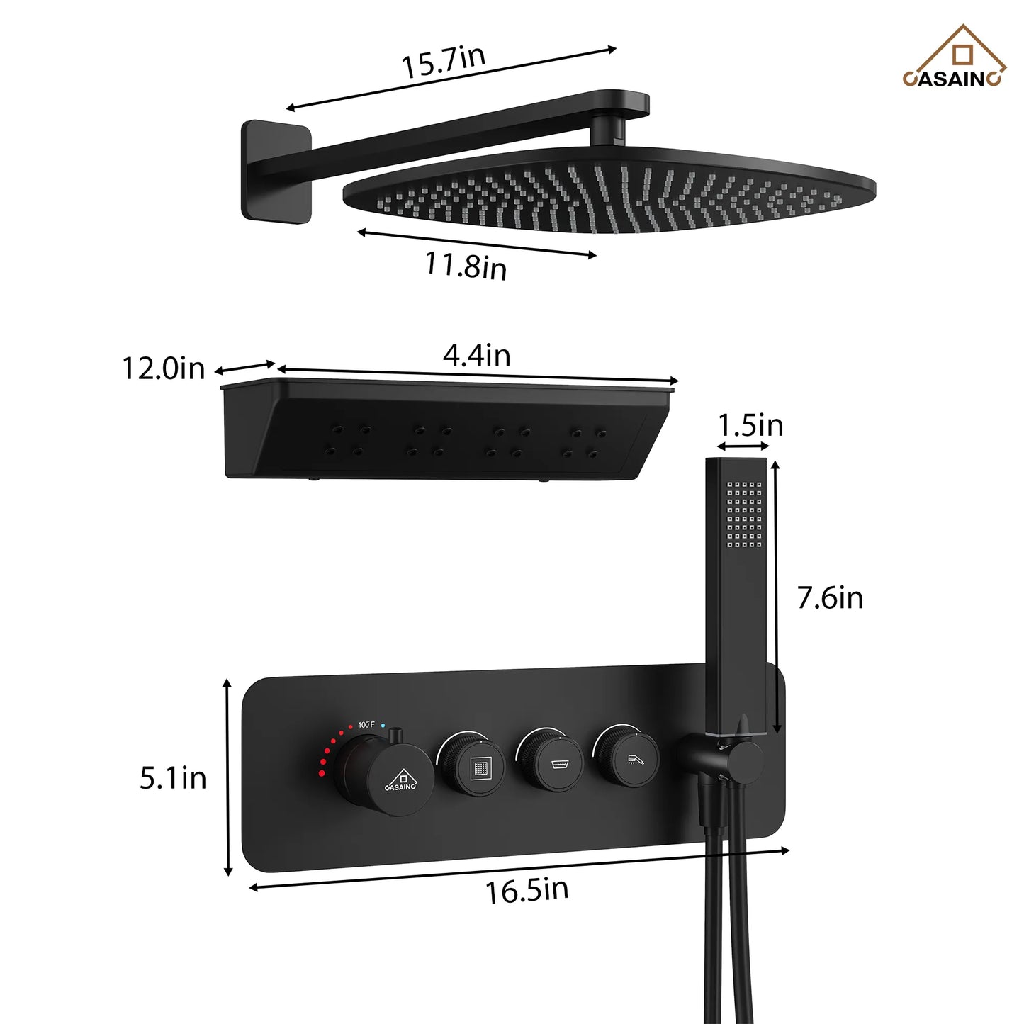 12" Wall-Mounted Thermostatic Shower System with Side Massage Spout