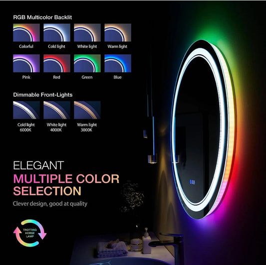 W24 x H32" Round Black Wall Mirror for Bathroom for over sink,Silver X-L050AC6080RGB