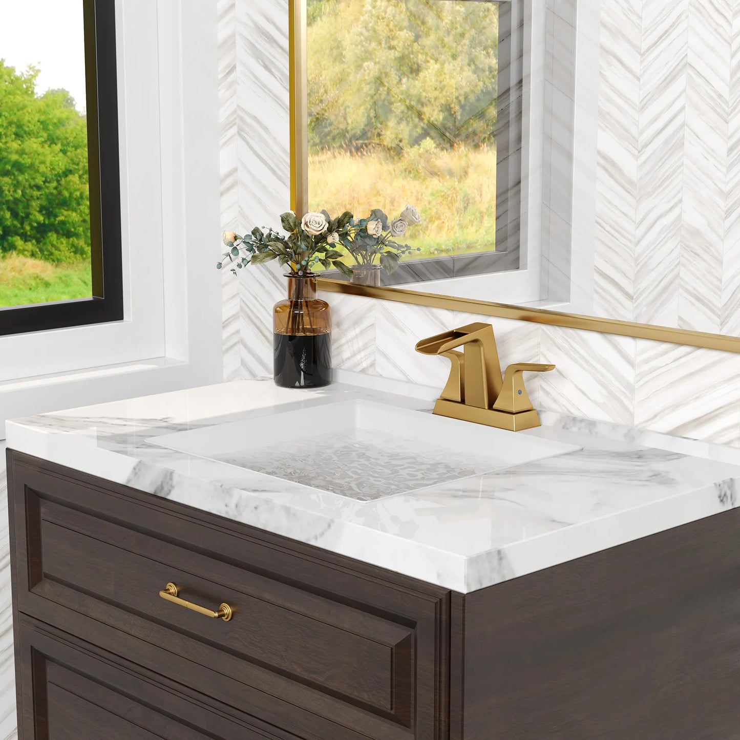 2 Handle Waterfall Brass Bathroom Sink Faucet 4 Inch Center Set