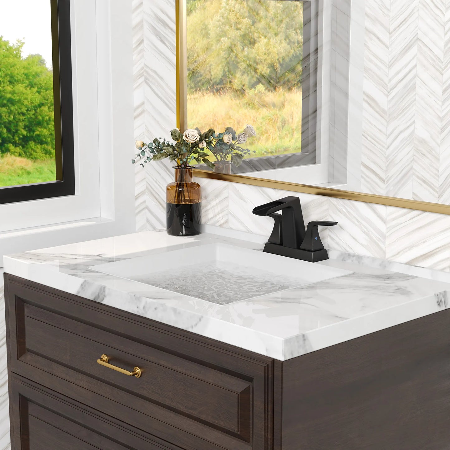 2 Handle Waterfall Brass Bathroom Sink Faucet 4 Inch Center Set