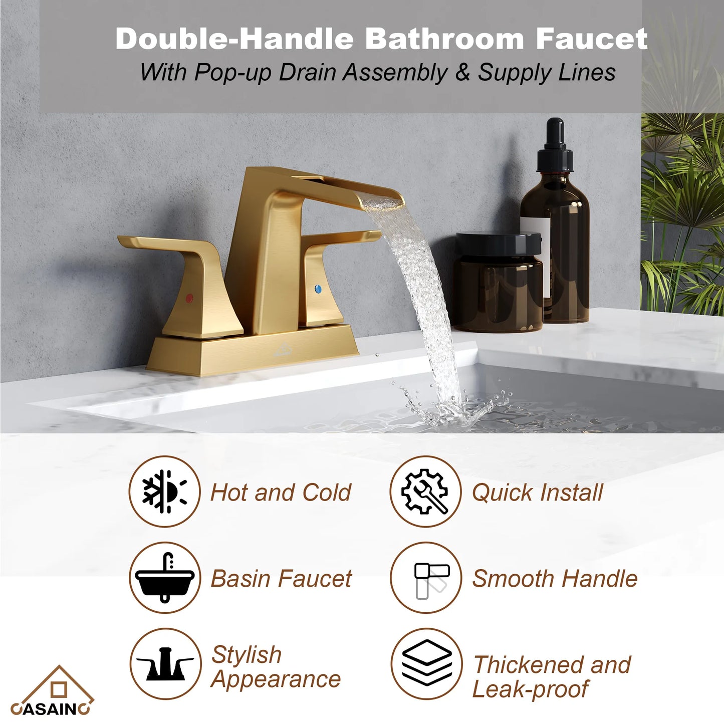 2 Handle Waterfall Brass Bathroom Sink Faucet 4 Inch Center Set