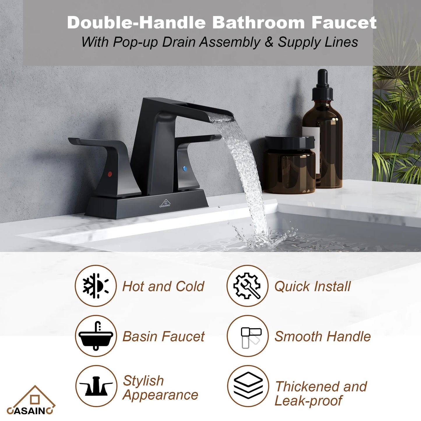 2 Handle Waterfall Brass Bathroom Sink Faucet 4 Inch Center Set