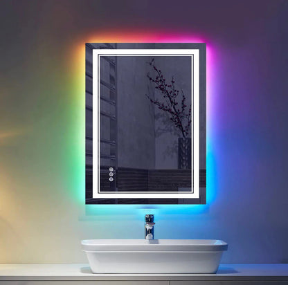 W20 x H28" Square LED bathroom mirror with lights RGB Color Changing Silver