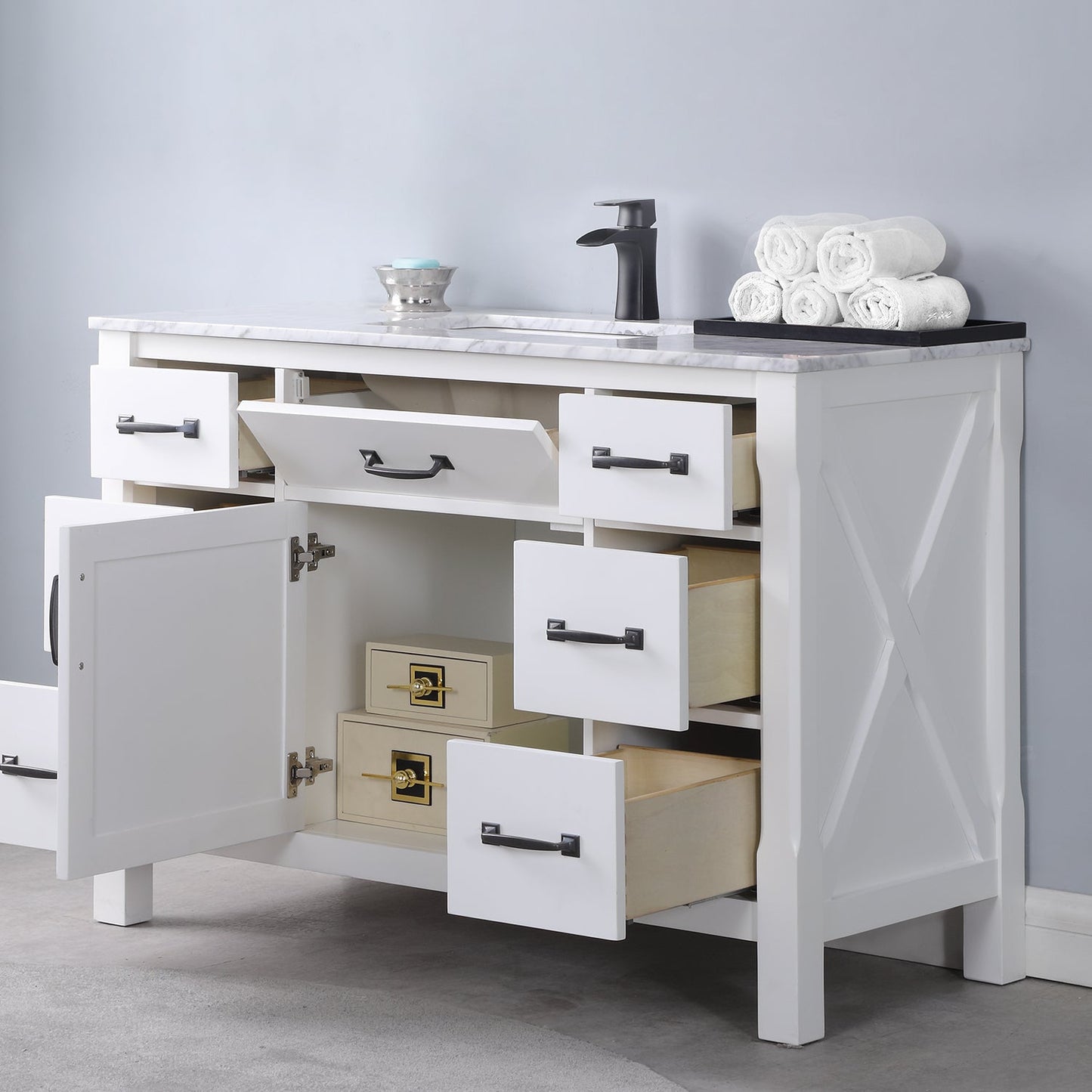Maribella 48" Single Bathroom Vanity Set in Carrara White Marble Countertop with Mirror