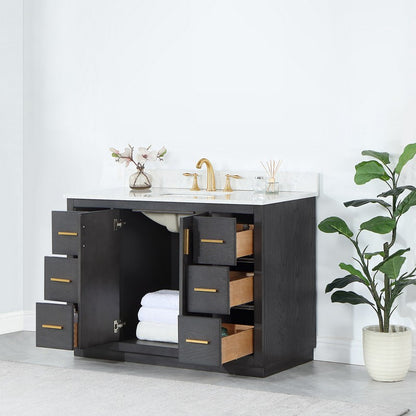 543048-BO-GW-NM Gazsi 48 Inch Single Sink Bathroom Vanity Set with Grain White Composite Stone Countertop without Mirror, Black Oak