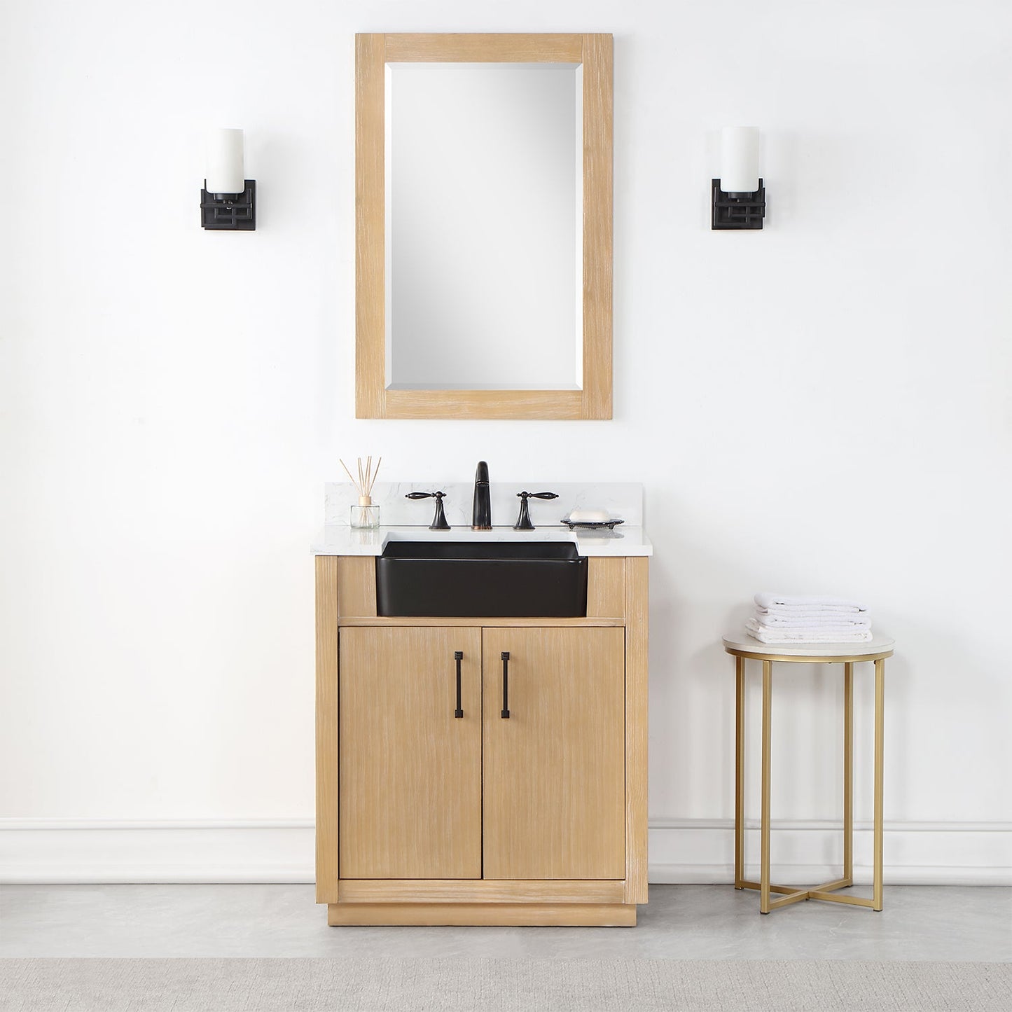 Novago 30" Single Bathroom Vanity Set with Composite Aosta White Stone Countertop and Farmhouse Sink
