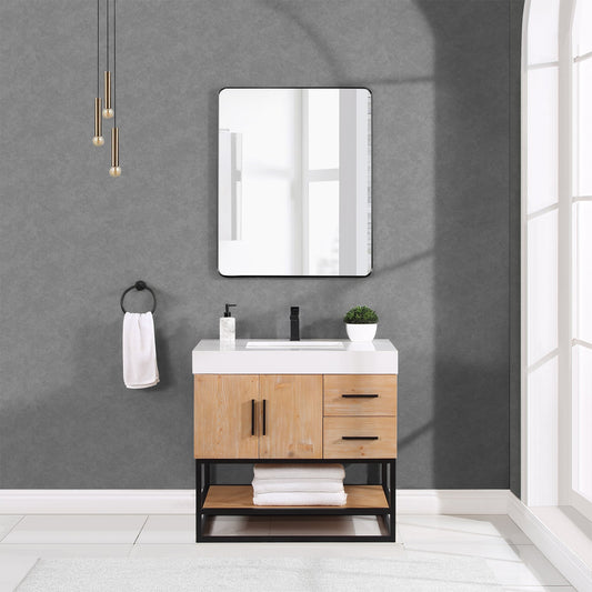 Bianco Single Bathroom Vanity in Light Brown with White Composite Stone Countertop