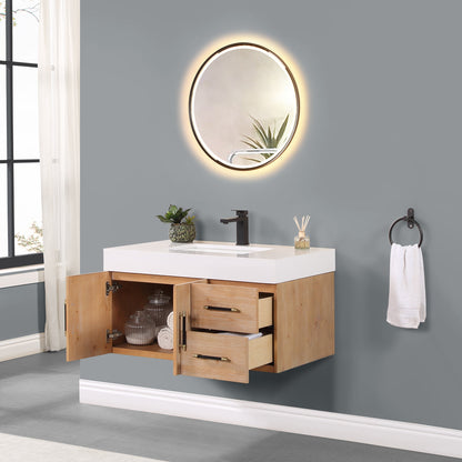 Corchia Wall-mounted Single Bathroom Vanity with White Composite Stone Countertop