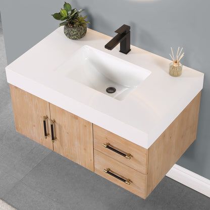 Corchia Wall-mounted Single Bathroom Vanity with White Composite Stone Countertop