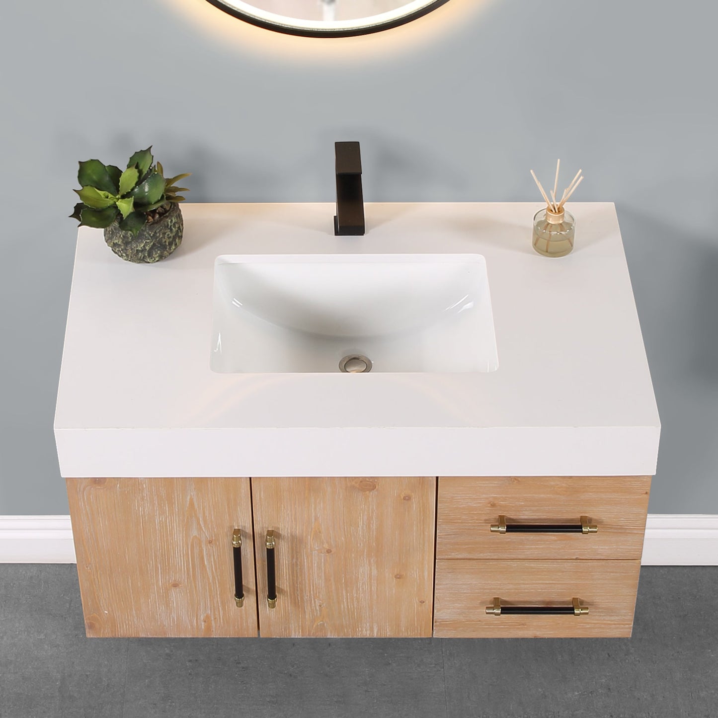 Corchia Wall-mounted Single Bathroom Vanity with White Composite Stone Countertop