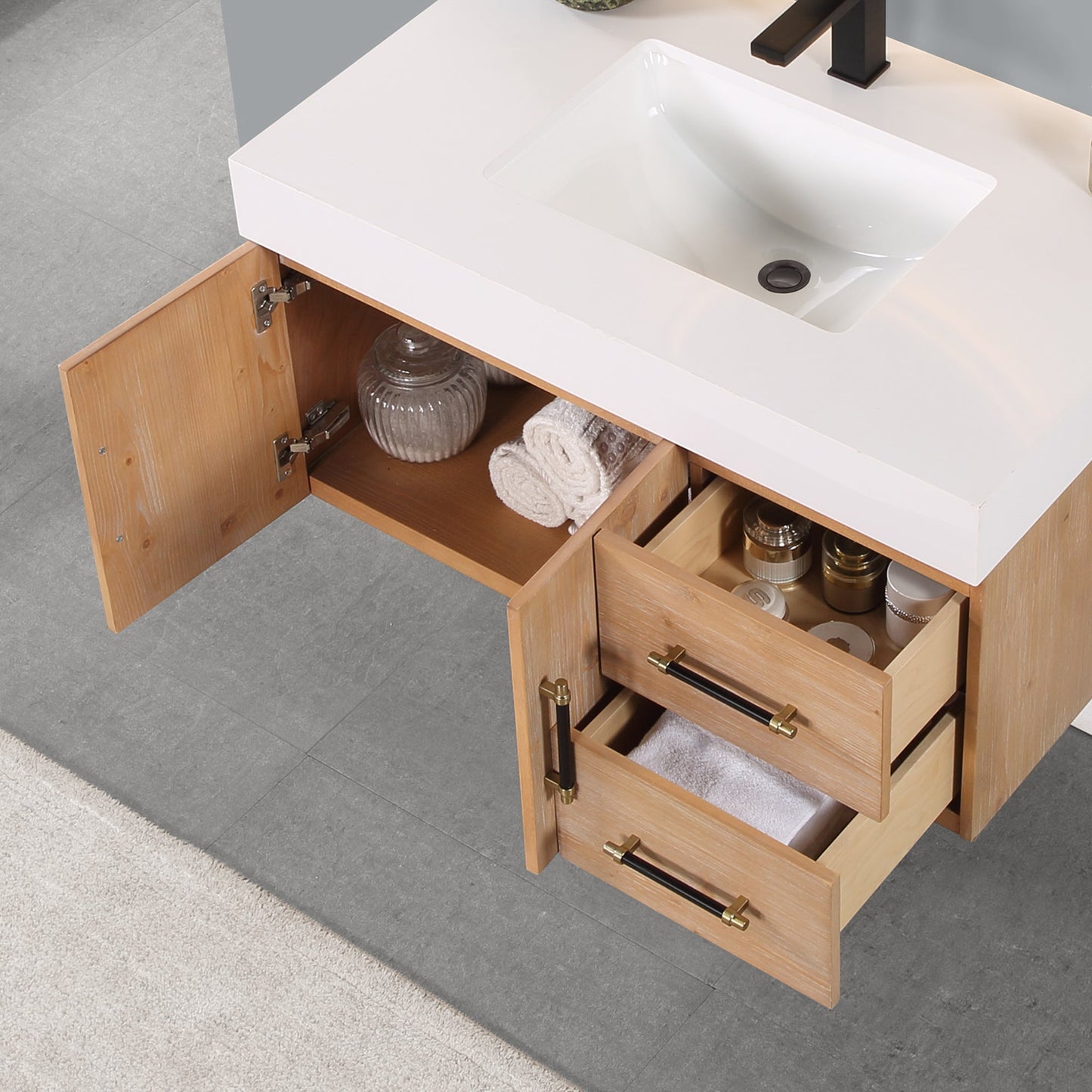 Corchia Wall-mounted Single Bathroom Vanity with White Composite Stone Countertop