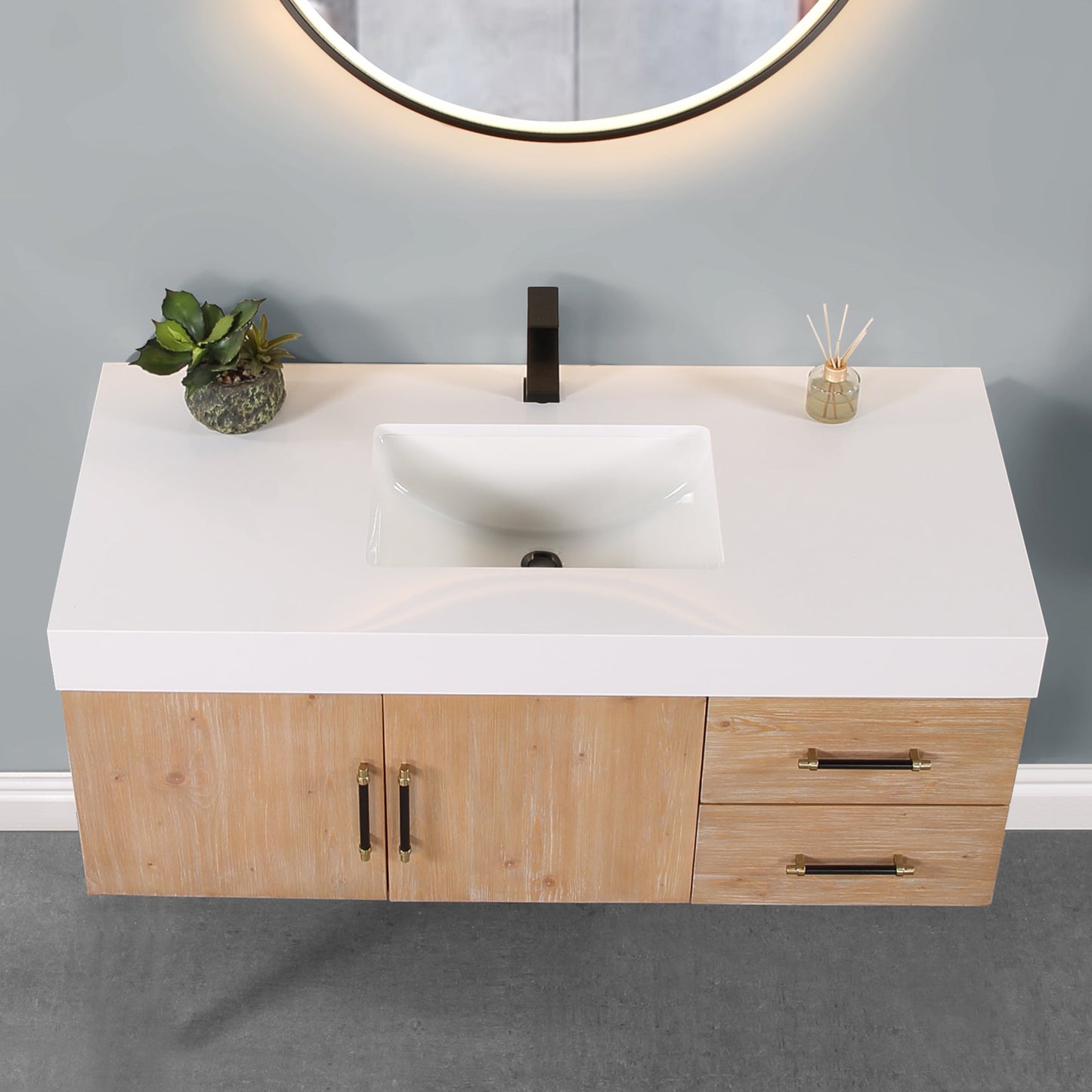 Corchia Wall-mounted Single Bathroom Vanity with White Composite Stone Countertop