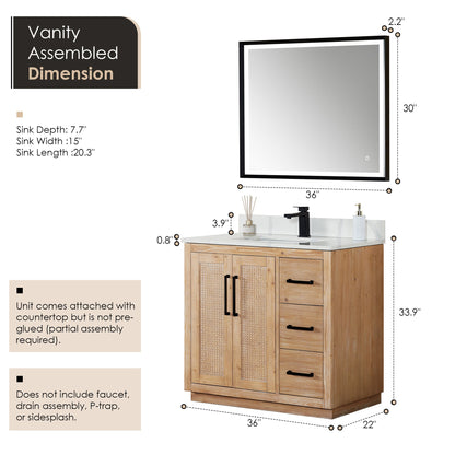 Floral 36" Single Bathroom Vanity in Light Brown with Calacatta White Quartz Countertop