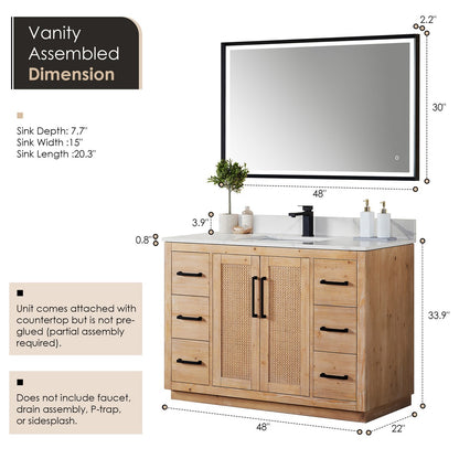 Floral 48 Inch Freestanding Single Sink Bathroom Vanity in Light Brown with Calacatta White Quartz Countertop, Without Mirror