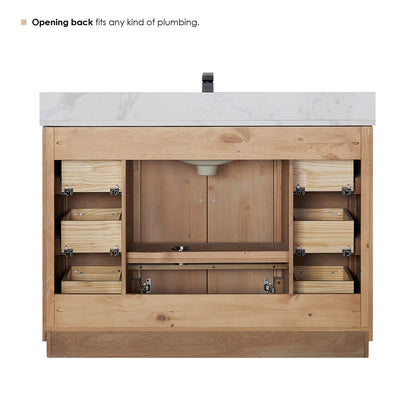 Floral 48 Inch Freestanding Single Sink Bathroom Vanity in Light Brown with Calacatta White Quartz Countertop, Without Mirror