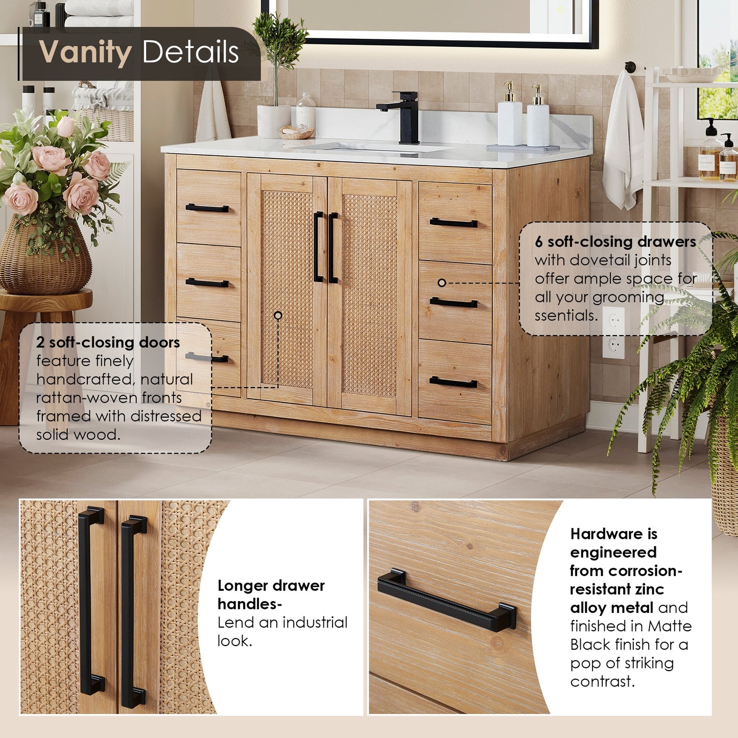 Floral 48" Single Bathroom Vanity in Light Brown with Calacatta White Quartz Countertop