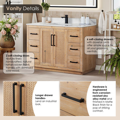 Floral 48" Single Bathroom Vanity in Light Brown with Calacatta White Quartz Countertop