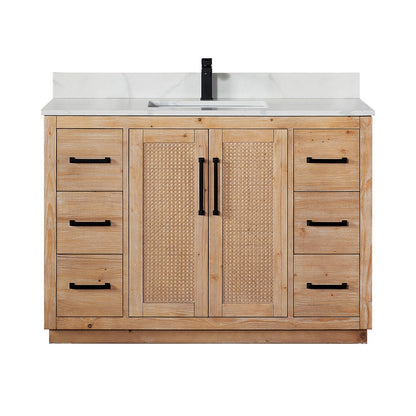 Floral 48 Inch Freestanding Single Sink Bathroom Vanity in Light Brown with Calacatta White Quartz Countertop, Without Mirror
