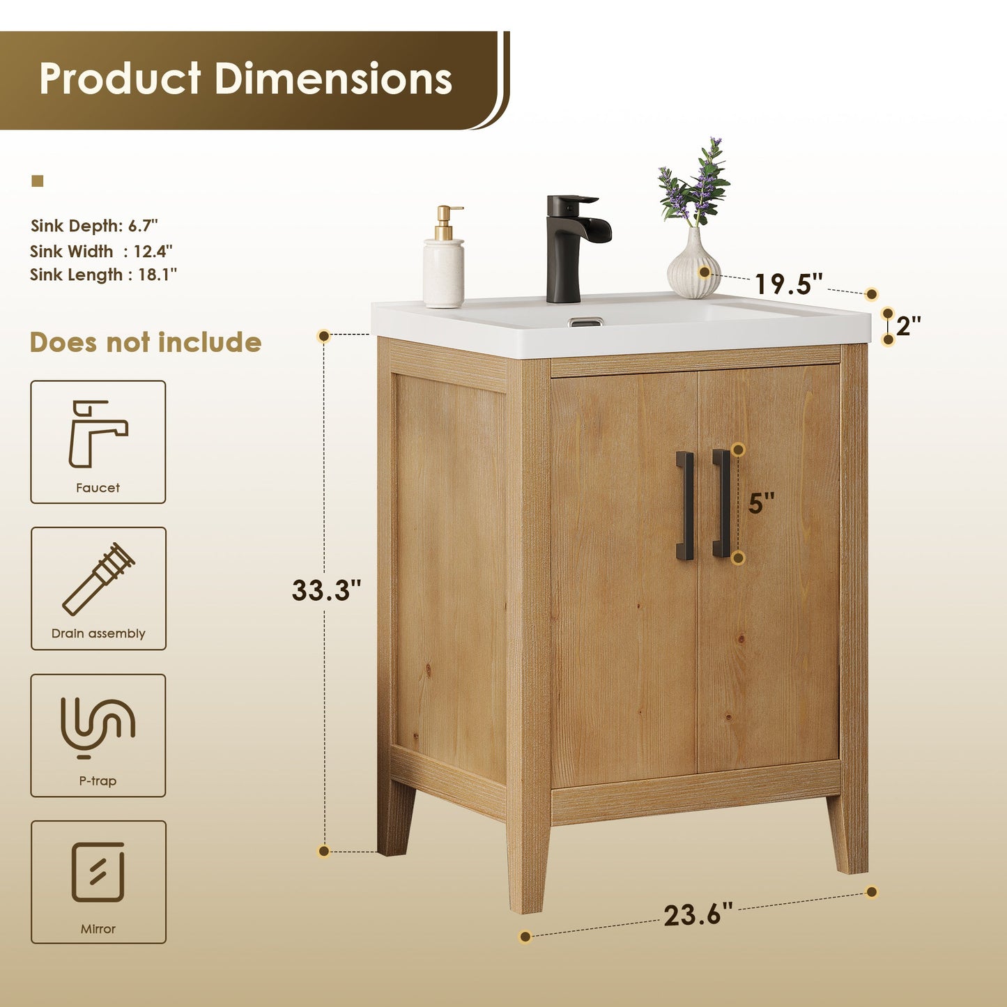 Solara 24" Single Bathroom Vanity in Weathered Fir with White Ceramic Intergated Sink