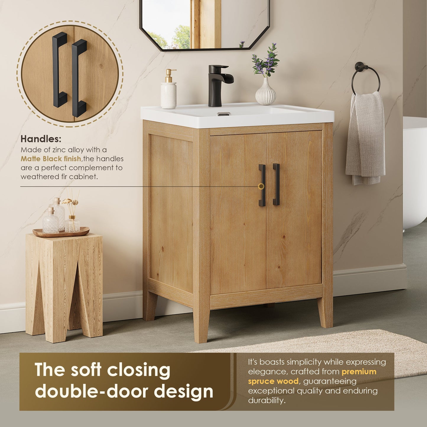 Solara 24" Single Bathroom Vanity in Weathered Fir with White Ceramic Intergated Sink