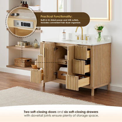 Sierra 48 Inch Freestanding Single Sink Bathroom Vanity in Washing Light Brown with Grain White Engineered Stone Countertop