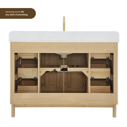 Sierra 48 Inch Freestanding Single Sink Bathroom Vanity in Washing Light Brown with Grain White Engineered Stone Countertop