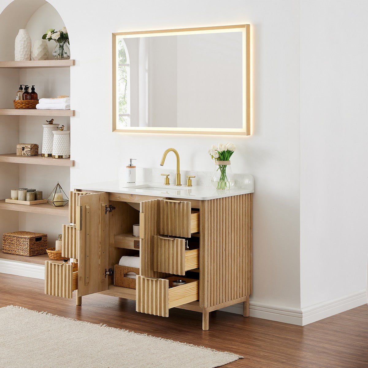 Sierra 48 Inch Freestanding Single Sink Bathroom Vanity in Washing Light Brown with Grain White Engineered Stone Countertop