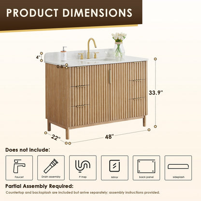 Sierra 48 Inch Freestanding Single Sink Bathroom Vanity in Washing Light Brown with Grain White Engineered Stone Countertop