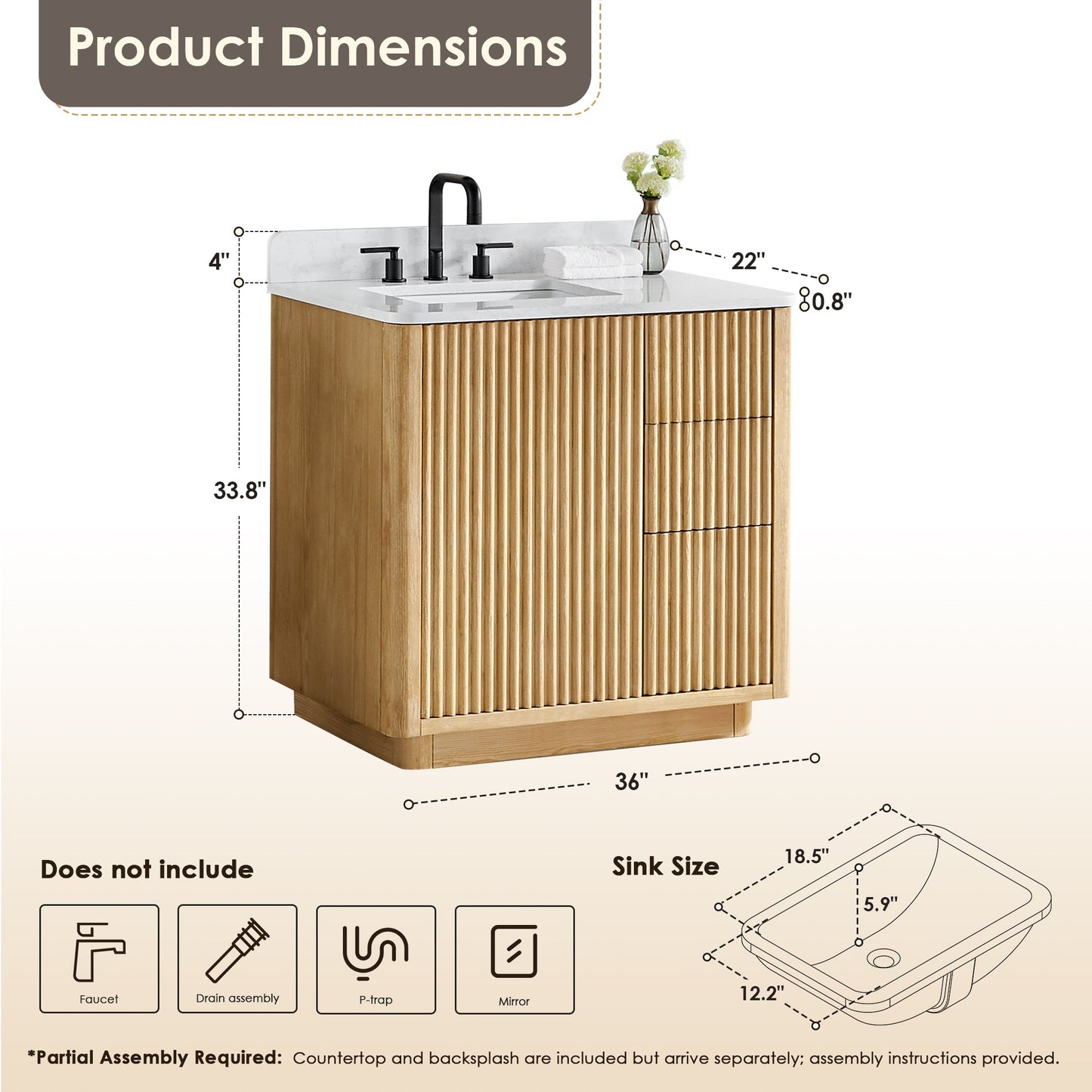 Clayton 36" Single Bathroom Vanity in Washed Light Brown with Grain White Engineered Stone Countertop