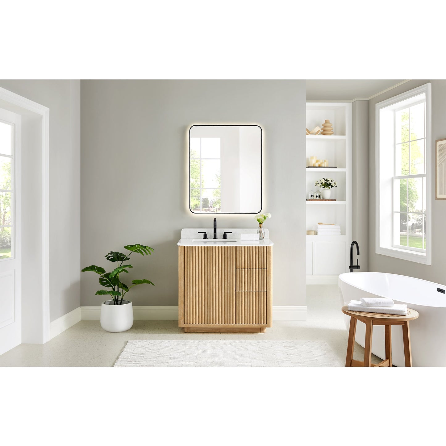 Clayton 36" Single Bathroom Vanity in Washed Light Brown with Grain White Engineered Stone Countertop