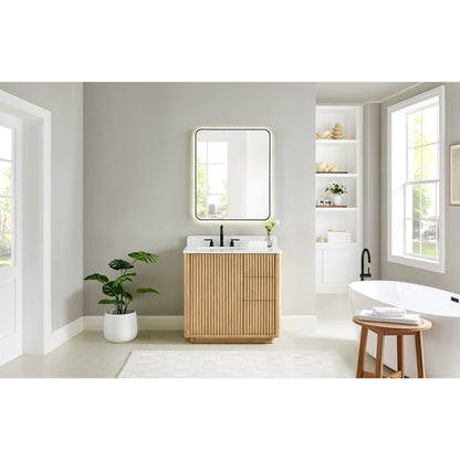 Clayton 36" Single Bathroom Vanity in Washed Light Brown with Grain White Engineered Stone Countertop