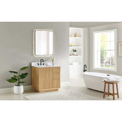 Clayton 36" Single Bathroom Vanity in Washed Light Brown with Grain White Engineered Stone Countertop