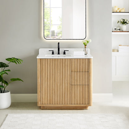 Clayton 36" Single Bathroom Vanity in Washed Light Brown with Grain White Engineered Stone Countertop